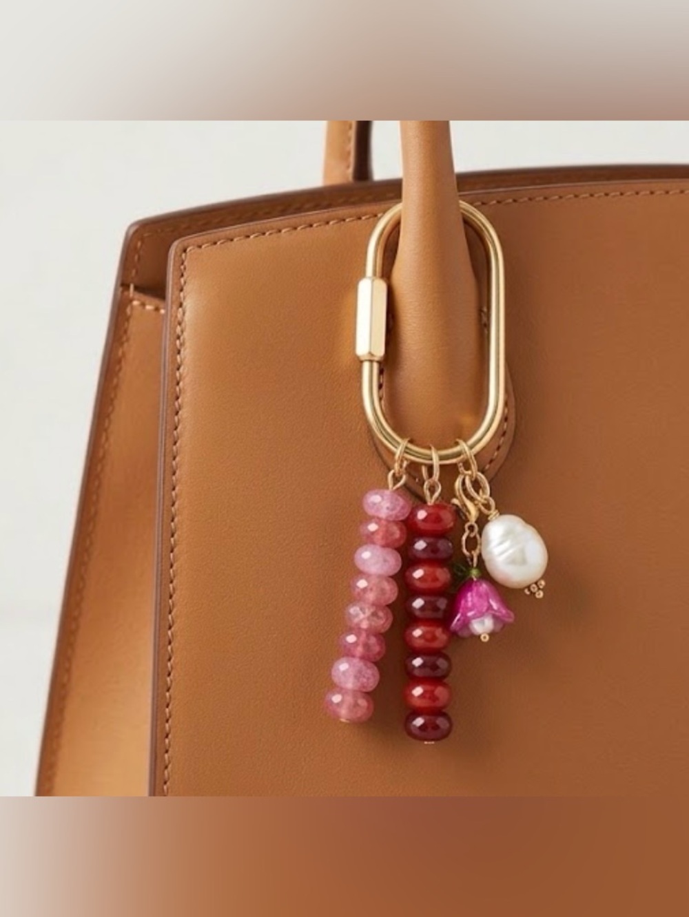 Handmade Pink & Red Beaded Bag Charm Keychain with Faux Pearl & Flower Charms